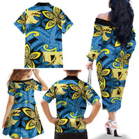 Plumeria Polynesian Pattern Family Matching Off The Shoulder Long Sleeve Dress and Hawaiian Shirt Unique Fantasy Blue Yellow LT01 - Polynesian Pride