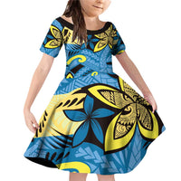 Plumeria Polynesian Pattern Family Matching Off Shoulder Short Dress and Hawaiian Shirt Unique Fantasy Blue Yellow LT01 Daughter's Dress Blue - Polynesian Pride