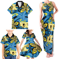 Plumeria Polynesian Pattern Family Matching Tank Maxi Dress and Hawaiian Shirt Unique Fantasy Blue Yellow LT01 - Polynesian Pride