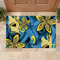 Plumeria Polynesian Pattern Rubber Doormat Unique Fantasy Blue Yellow