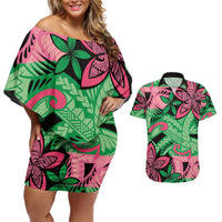 Plumeria Polynesian Pattern Couples Matching Off Shoulder Short Dress and Hawaiian Shirt Unique Fantasy Green Pink LT01 Green - Polynesian Pride