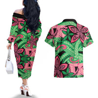 Plumeria Polynesian Pattern Couples Matching Off The Shoulder Long Sleeve Dress and Hawaiian Shirt Unique Fantasy Green Pink LT01 - Polynesian Pride