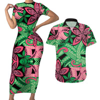 Plumeria Polynesian Pattern Couples Matching Short Sleeve Bodycon Dress and Hawaiian Shirt Unique Fantasy Green Pink LT01 Green - Polynesian Pride