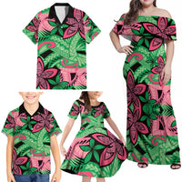 Plumeria Polynesian Pattern Family Matching Off Shoulder Maxi Dress and Hawaiian Shirt Unique Fantasy Green Pink LT01 - Polynesian Pride
