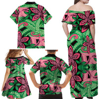 Plumeria Polynesian Pattern Family Matching Off Shoulder Maxi Dress and Hawaiian Shirt Unique Fantasy Green Pink LT01 - Polynesian Pride
