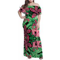 Plumeria Polynesian Pattern Family Matching Off Shoulder Maxi Dress and Hawaiian Shirt Unique Fantasy Green Pink LT01 Mom's Dress Green - Polynesian Pride