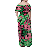 Plumeria Polynesian Pattern Family Matching Off Shoulder Maxi Dress and Hawaiian Shirt Unique Fantasy Green Pink LT01 - Polynesian Pride