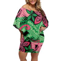 Plumeria Polynesian Pattern Family Matching Off Shoulder Short Dress and Hawaiian Shirt Unique Fantasy Green Pink LT01 Mom's Dress Green - Polynesian Pride