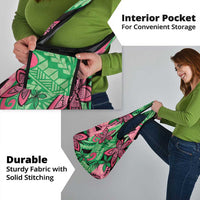 Plumeria Polynesian Pattern Grocery Bag Unique Fantasy Green Pink