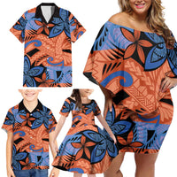 Plumeria Polynesian Pattern Family Matching Off Shoulder Short Dress and Hawaiian Shirt Unique Fantasy Orange Blue LT01 - Polynesian Pride