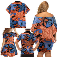 Plumeria Polynesian Pattern Family Matching Off Shoulder Short Dress and Hawaiian Shirt Unique Fantasy Orange Blue LT01 - Polynesian Pride
