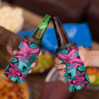 Plumeria Polynesian Pattern 4 in 1 Can Cooler Tumbler Unique Fantasy Pink Teal