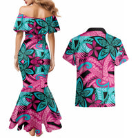Plumeria Polynesian Pattern Couples Matching Mermaid Dress and Hawaiian Shirt Unique Fantasy Pink Teal LT01 - Polynesian Pride