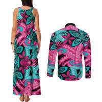 Plumeria Polynesian Pattern Couples Matching Tank Maxi Dress and Long Sleeve Button Shirt Unique Fantasy Pink Teal