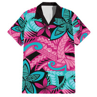 Plumeria Polynesian Pattern Family Matching Puletasi and Hawaiian Shirt Unique Fantasy Pink Teal LT01 Dad's Shirt - Short Sleeve Pink - Polynesian Pride