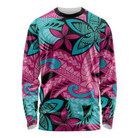 Plumeria Polynesian Pattern Long Sleeve Shirt Unique Fantasy Pink Teal