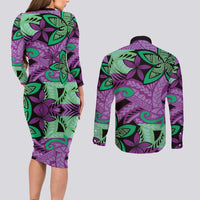 Plumeria Polynesian Pattern Couples Matching Long Sleeve Bodycon Dress and Long Sleeve Button Shirt Unique Fantasy Purple Green LT01 - Polynesian Pride