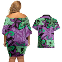 Plumeria Polynesian Pattern Couples Matching Off Shoulder Short Dress and Hawaiian Shirt Unique Fantasy Purple Green LT01 - Polynesian Pride
