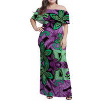 Plumeria Polynesian Pattern Family Matching Off Shoulder Maxi Dress and Hawaiian Shirt Unique Fantasy Purple Green LT01 Mom's Dress Purple - Polynesian Pride
