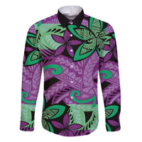Plumeria Polynesian Pattern Family Matching Puletasi and Hawaiian Shirt Unique Fantasy Purple Green LT01 Dad's Shirt - Long Sleeve Purple - Polynesian Pride