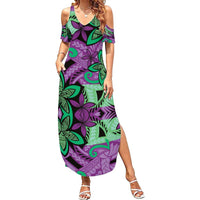 Plumeria Polynesian Pattern Family Matching Summer Maxi Dress and Hawaiian Shirt Unique Fantasy Purple Green LT01 Mom's Dress Purple - Polynesian Pride