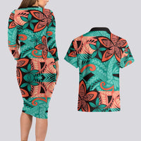 Plumeria Polynesian Pattern Couples Matching Long Sleeve Bodycon Dress and Hawaiian Shirt Unique Fantasy Teal Orange LT01 - Polynesian Pride