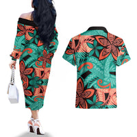 Plumeria Polynesian Pattern Couples Matching Off The Shoulder Long Sleeve Dress and Hawaiian Shirt Unique Fantasy Teal Orange LT01 - Polynesian Pride