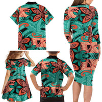 Plumeria Polynesian Pattern Family Matching Long Sleeve Bodycon Dress and Hawaiian Shirt Unique Fantasy Teal Orange LT01 - Polynesian Pride