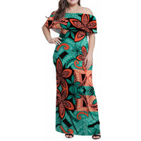 Plumeria Polynesian Pattern Family Matching Off Shoulder Maxi Dress and Hawaiian Shirt Unique Fantasy Teal Orange LT01 Mom's Dress Teal - Polynesian Pride