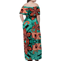 Plumeria Polynesian Pattern Family Matching Off Shoulder Maxi Dress and Hawaiian Shirt Unique Fantasy Teal Orange LT01 - Polynesian Pride