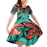 Plumeria Polynesian Pattern Family Matching Off Shoulder Short Dress and Hawaiian Shirt Unique Fantasy Teal Orange LT01 Daughter's Dress Teal - Polynesian Pride