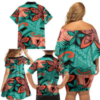 Plumeria Polynesian Pattern Family Matching Off Shoulder Short Dress and Hawaiian Shirt Unique Fantasy Teal Orange LT01 - Polynesian Pride