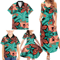 Plumeria Polynesian Pattern Family Matching Summer Maxi Dress and Hawaiian Shirt Unique Fantasy Teal Orange LT01 - Polynesian Pride