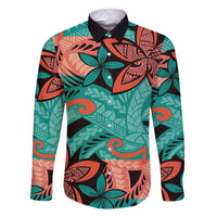 Plumeria Polynesian Pattern Family Matching Summer Maxi Dress and Hawaiian Shirt Unique Fantasy Teal Orange LT01 Dad's Shirt - Long Sleeve Teal - Polynesian Pride