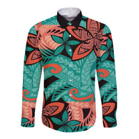 Plumeria Polynesian Pattern Long Sleeve Button Shirt Unique Fantasy Teal Orange
