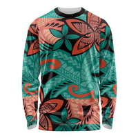 Plumeria Polynesian Pattern Long Sleeve Shirt Unique Fantasy Teal Orange
