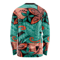 Plumeria Polynesian Pattern Long Sleeve Shirt Unique Fantasy Teal Orange