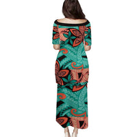 Plumeria Polynesian Pattern Puletasi Unique Fantasy Teal Orange