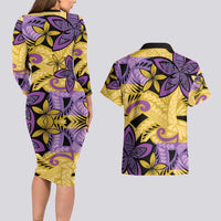 Plumeria Polynesian Pattern Couples Matching Long Sleeve Bodycon Dress and Hawaiian Shirt Unique Fantasy Yellow Purple LT01 - Polynesian Pride