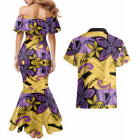 Plumeria Polynesian Pattern Couples Matching Mermaid Dress and Hawaiian Shirt Unique Fantasy Yellow Purple LT01 - Polynesian Pride