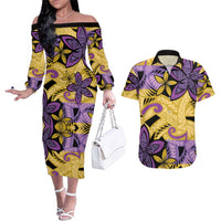 Plumeria Polynesian Pattern Couples Matching Off The Shoulder Long Sleeve Dress and Hawaiian Shirt Unique Fantasy Yellow Purple LT01 Yellow - Polynesian Pride