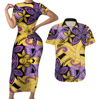 Plumeria Polynesian Pattern Couples Matching Short Sleeve Bodycon Dress and Hawaiian Shirt Unique Fantasy Yellow Purple LT01 Yellow - Polynesian Pride