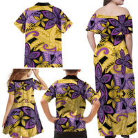 Plumeria Polynesian Pattern Family Matching Off Shoulder Maxi Dress and Hawaiian Shirt Unique Fantasy Yellow Purple LT01 - Polynesian Pride
