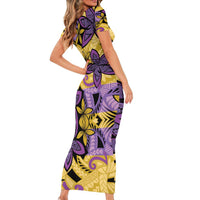 Plumeria Polynesian Pattern Family Matching Short Sleeve Bodycon Dress and Hawaiian Shirt Unique Fantasy Yellow Purple LT01 - Polynesian Pride