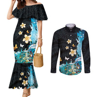 Blue Grunge Polynesian Pattern Couples Matching Mermaid Dress and Long Sleeve Button Shirt Plumeria Floral LT01 Blue - Polynesian Pride
