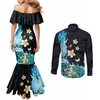 Blue Grunge Polynesian Pattern Couples Matching Mermaid Dress and Long Sleeve Button Shirt Plumeria Floral LT01 - Polynesian Pride