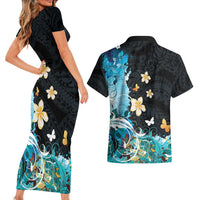 Blue Grunge Polynesian Pattern Couples Matching Short Sleeve Bodycon Dress and Hawaiian Shirt Plumeria Floral LT01 - Polynesian Pride
