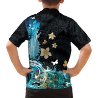 Blue Grunge Polynesian Pattern Family Matching Off The Shoulder Long Sleeve Dress and Hawaiian Shirt Plumeria Floral LT01 - Polynesian Pride