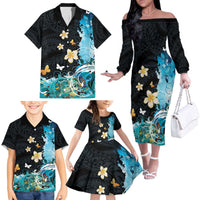 Blue Grunge Polynesian Pattern Family Matching Off The Shoulder Long Sleeve Dress and Hawaiian Shirt Plumeria Floral LT01 - Polynesian Pride
