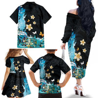 Blue Grunge Polynesian Pattern Family Matching Off The Shoulder Long Sleeve Dress and Hawaiian Shirt Plumeria Floral LT01 - Polynesian Pride